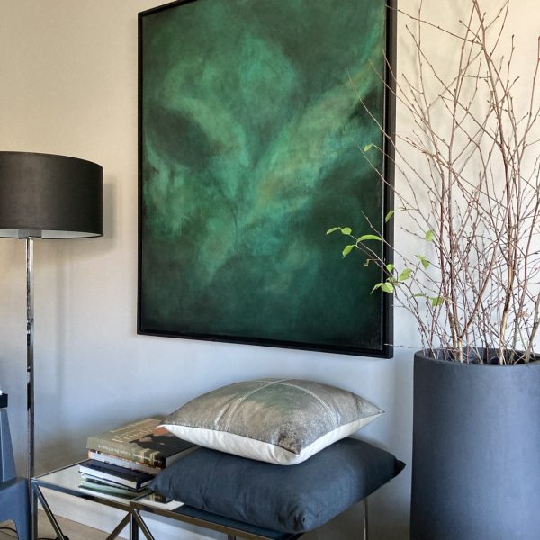 Studium w szmaragdzie 02. 2022 - SOLD Akryl na płótnie, technika własna 100 cm x 120 cm x 1 cm / 3 cm dębowa rama (czarny mat)